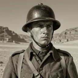 a detailed photorealistic sepia - toned color portrait painting of a 1 9 1 7 worried clean - shaven british lieutenant in detailed field gear wearing a finely - detailed pith helmet in wadi rum, ultra realistic, intricate details, atmospheric, dark, horror, brooding, highly detailed, by clyde caldwell