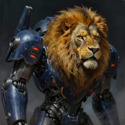 a dark and colorful close - up of a sci - fi mecha lion robot with led lights glowing fog in the background. highly detailed science fiction painting by norman rockwell, frank frazetta, and syd mead. rich colors, high contrast, gloomy atmosphere, dark background. trending on artstation