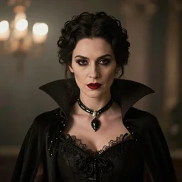 A beautiful portrait of a lady vampire, victorian, dracula, ominous, depth of field, 85mm lens, bokeh, irwin penn, high definition, soft light