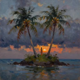 a very very small island! beautiful woman!! palm trees, dark very late evening cloudy sunset, dramatic and dynamic lighting, thick brush strokes oil impasto painting