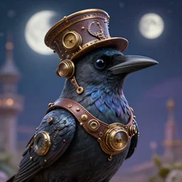 a close - up stunning fantasy scene of a cute steampunk crow | highly detailed | very intricate | disney | magic the gathering | steampunk | dramatic romantic epic breathtaking whimsical magical | bokeh moon stars | professional cinematic lighting | award - winning | painted by marc simonetti and anton fadeev and paul lehr and rhads and alena aenami | pastel color palette | featured on artstation