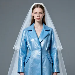 a digital portrait of an european girl detailed features wearing a cyber latex wedding coat suit - synthetic materials imac bondi blue 1 9 9 8 by issey miyake by ichiro tanida and mitsuo katsui