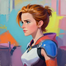 Greg Manchess portrait painting of emma watson as Overwatch character, medium shot, asymmetrical, profile picture, Organic Painting, sunny day, Matte Painting, bold shapes, hard edges, street art, trending on artstation, by Huang Guangjian and Gil Elvgren and Sachin Teng