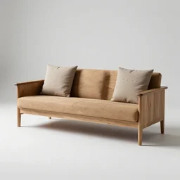 wooden sofa monster, square cushions, studio lighting, scandinavian design, minimalist