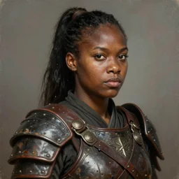 portrait painting of a round - faced black warrior woman with a ponytail wearing battered leather armor, sharp focus, award - winning, trending on artstation, masterpiece, highly detailed, intricate. art by terese nielsen