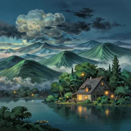 undulating clouds, waving trees, old residence, lake, dark atmosphere, glowing lights, surreal, infographic, epic fantasy, digital art, concept art, detailed illustration, hd, 4 k, highly saturated colors, digital art, greg rutkowski, mike franchina, dan mumford, studio ghibli, trending on artstation
