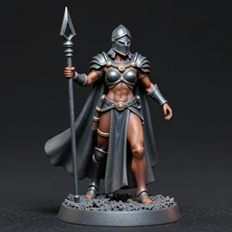 80mm resin detailed miniature of a Queen of war, Battle armor, iron helmet,  Very long cloak, Very muscular, abdomen, navel, thighs, olive skin, on textured base; Miniature product Introduction Photos, 4K, Full body; Front view