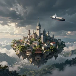landscape an floating town in the sky and an sky - ship flying towards it andreas rocha