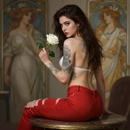red ripped jeans tattooed sexy girl sits on a table holding a white rose, deep focus, turnaround, highly detailed, digital painting, artstation, concept art, matte, sharp focus, illustration, hearthstone, art by artgerm and greg rutkowski and alphonse mucha.