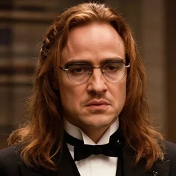a screenshot of a handsome guy with very long hair chestnut hair, with nerdy glasses in the godfather