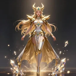 a beautiful female god character from hades game in full pose, character is in all its glory, character is centered on the image, rim lights, highly detailed professional illustration, dynamic lights, particles and crystals are flying, trending on artstation, illustration, 4k