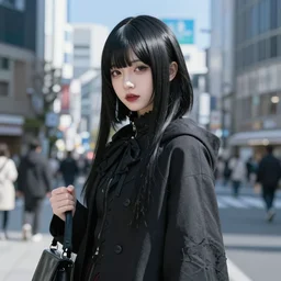 1 7 - year - old anime goth girl, black hair, long bob cut, long bangs, gothic coat, holding, shibuya street, blue sunshine, strong lighting, strong shadows, vivid hues, raytracing, sharp details, subsurface scattering, intricate details, hd anime, very - high - budget anime movie, 2 0 2 1 anime