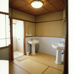 a long - shot, color home photograph portrait of a japanese bathroom, floor, ceiling, day lighting, 1 9 9 0 photo from photograph magazine.