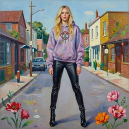painting by martine johanna of cara delevingne wearing a hoodie standing in a township street in the style of jenny saville, street fashion outfit, haute couture fashion shoot, full figure painting by david choe and jeremy mann, decorative flowers, 2 4 mm, die antwoord yolandi visser