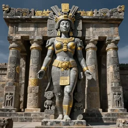 beautiful aztec inca woman colossus full body well proportioned pacing to temple by eddie mendoza hyperrealism expressive eyes cyborgess symmetrical very very detailed giger beksinski grey and gold