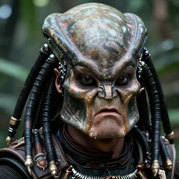 head very realistic!!!! close up human face arnold schwarzenegger in predator costume , close up detailed movie still from the predator in the jungle