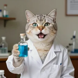 an aristocratic happy cat chartreux dressed as a scientist holds a modern transparent little bottle filled with vivid blue iridescent liquid, art highly detailed, by frank frazetta, keith parkinson and greg rutkowski and aleksandra skiba, concept art,