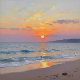 an impressionist painting of a sunset at the beach