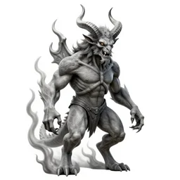 three quarter full body shot of demon with hoofs and horns in heroic pose, engulfed in flames, greyscale tattoo by dominik mayer