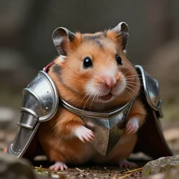 A hyper realistic, highly detailed, digital artwork of a hamster peeping out of a suit of armor, dynamic lighting