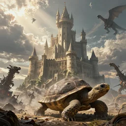 large fantasy castle sitting on the top of a giant tortoise, towering over a harsh wasteland with sharp rays of sunlight, howls moving castle, mortal engines, kaiju, distant - mid - shot, fantasy, hyper detailed, 4 k