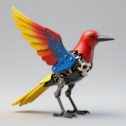 photo of mechanical bird statue, red airbrush on yellow tail saw, blue iron plates for feathers, black scissor for beak, dark scissor blades for skull, digital art, 8 k