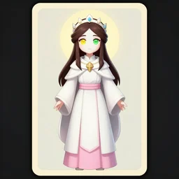 full body portrait of a cleric, female, young, cute, white robes, pink clothes, holy, simplistic, circlet, spirits, dark brunette hair, white skin, heterochromia yellow and green, high fantasy, extremely detailed, smooth, sharp focus, digital illustration, by artgerm, rossdraws, wlop, collectible card art