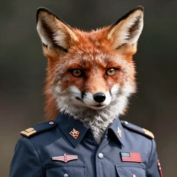 hyperrealistic close up image of anthropomorphic female fox animal dressed in modern american general uniform, fox animal, serious look