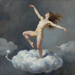 painting of a beautiful surreal Harpey, dancing on a cloud, by Jeremy Mann and Jason Jenicke, detailed, stylized, loose brush strokes, intricate, realistic, exaggerated lighting, sense of scale, ferocious, sensual
