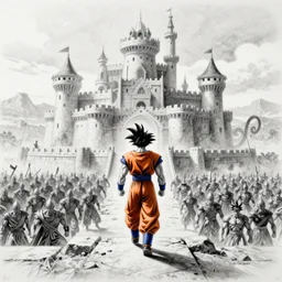 pencil art, distant shot, realistic, cinematic, hyper detailed, smooth, goku walking up to the castle to fight an evil army.