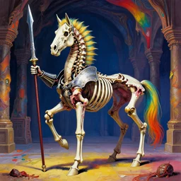 Saturated colors, colorful, vivid, lucid, rainbow, vibrant. A spiked horse skeleton with armored joints stands in a large cavernous throne room with halberd in hand. Massive shoulderplates. Extremely high detail, realistic, fantasy art, solo, masterpiece, bones, ripped flesh, art by Zdzisław Beksiński, Arthur Rackham, Dariusz Zawadzki, Harry Clarke, Wassily Kandinsky, Lisa Frank
