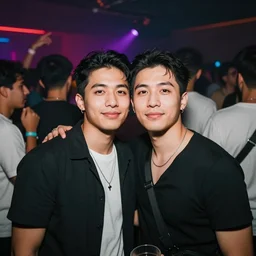 2 friends partying and are facing the camera, crowd in the back, abstract style