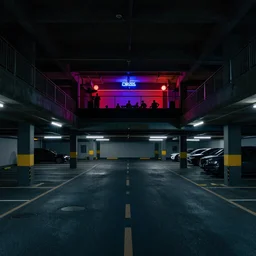 wide shot of an underground club and located two floors in parking lot with minimal hip - hop lighting design displays can be seen from the street