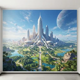beautiful landscape mural of a great advanced futuristic city in an alien planet, futuristic landscape, vivid colors, intricate, highly detailed, masterful, fantasy world, in the style of moebius, akira toriyama, jean giraud