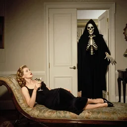 tamara lempicka room with a door. 1940s diva laying on a chaise longue having a martini. skeleton wearing a hooded cape and black robe enters the room through the door