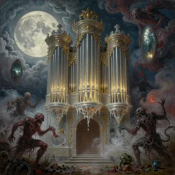 concept art of giant translucent glowing pipe organ, renaissance, melting horror, round moon, rich clouds, fighting the horrors of the unknown, mirrors, very detailed, volumetric light, mist, grim, fine art, decaying, textured oil over canvas, epic fantasy art, very colorful, ornate, anato finnstark