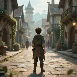 the back of a boy standing in the streets of a fantastical medieval fantasy city, extremely detailed and photorealistic, 8k