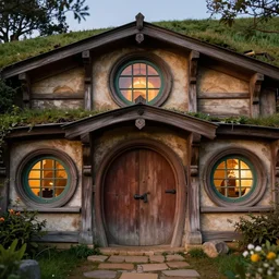 hobbiton architecture with rounded windows and wooden doors, textured carved wood material, photorealistic, highly detailed, evening, unreal engine 5