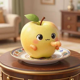 illustration eye level close up view ( golden delicious ) a cute worm pokes its head out of apple that is on small intricately designed china serving dish. the dish is on top of expensive end table in a family room, superior detail, bokeh, digital art, hq 8 k 4 k, product lighting, studio lighting, digital art.
