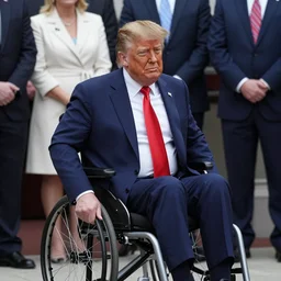 donald trump in a wheelchair around a group of people, photograph, high resolution, high quality, beautiful, attractive