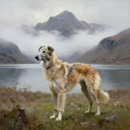 irish wolfhound misty mountains watery skies isolated wilderness, oil painting in the style of the monarch of the glen by sir edwin landseer
