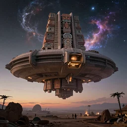 Retro futuristic Sci-Fi space scene, Giant Aztec spaceship, nebulas swirls, dusk lighting ,by denis villeneuve, Ridley Scott, Greg Rutkowski and Alphonse Mucha