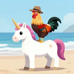 an image of a rooster wearing a fedora standing on a unicorn at the beach with a rainbow in the sky, detailed, vibrant, realistic, sunset, clear, 8k, hd, award winning image