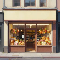 a painting of the facade of a store with a lot of food, a photorealistic painting by Simon Stålenhag, featured on cgsociety, photorealism, 2d game art, hyper-realistic, hyper realism