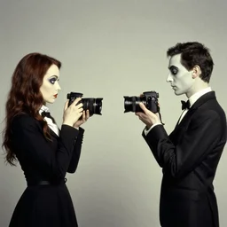Two people holding cameras and facing each other, by Gertrude Abercrombie Tim burton and Rene Magritte