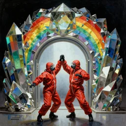 two scientist wearing red hazmat suits dancing at the entrance of the geometric rainbow crystal dimensional gateway by frank frazetta