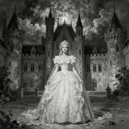 By Tom Bagshaw, ultra realist soft painting of a castle court by night, centered fading female princess fully dressed, horror, omnious sky, symmetry accurate features, very intricate details, fading rainbow light, black and white, volumetric light clouds, artstation, 8K