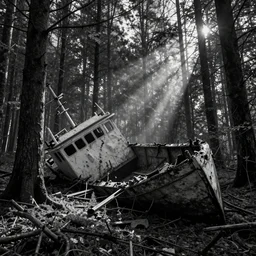 crashed vessel in a monochromatic forest
