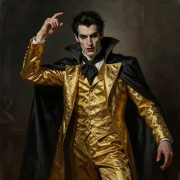 male vampire in dark golden noble clothes in a dramatic pose, realistic painting, trending on artstation, cinematic, dramatic lighting