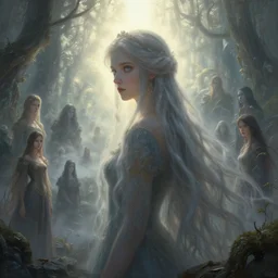a highly detailed portrait of a princess with long hairs, a view to an eerie fantasy world, ethereal back light, mist, coherent composition, detailed fantasy painting by artgerm, noriyoshi ohrai, yuumei, stephen bliss, unreal engine, fantasy art by greg rutkowski,, loish, rhads, ferdinand knab, makoto shinkai and lois van baarle, ilya kuvshinov, rossdraws, tom bagshaw, alphonse mucha, global illumination, radiant light, detailed and intricate environment